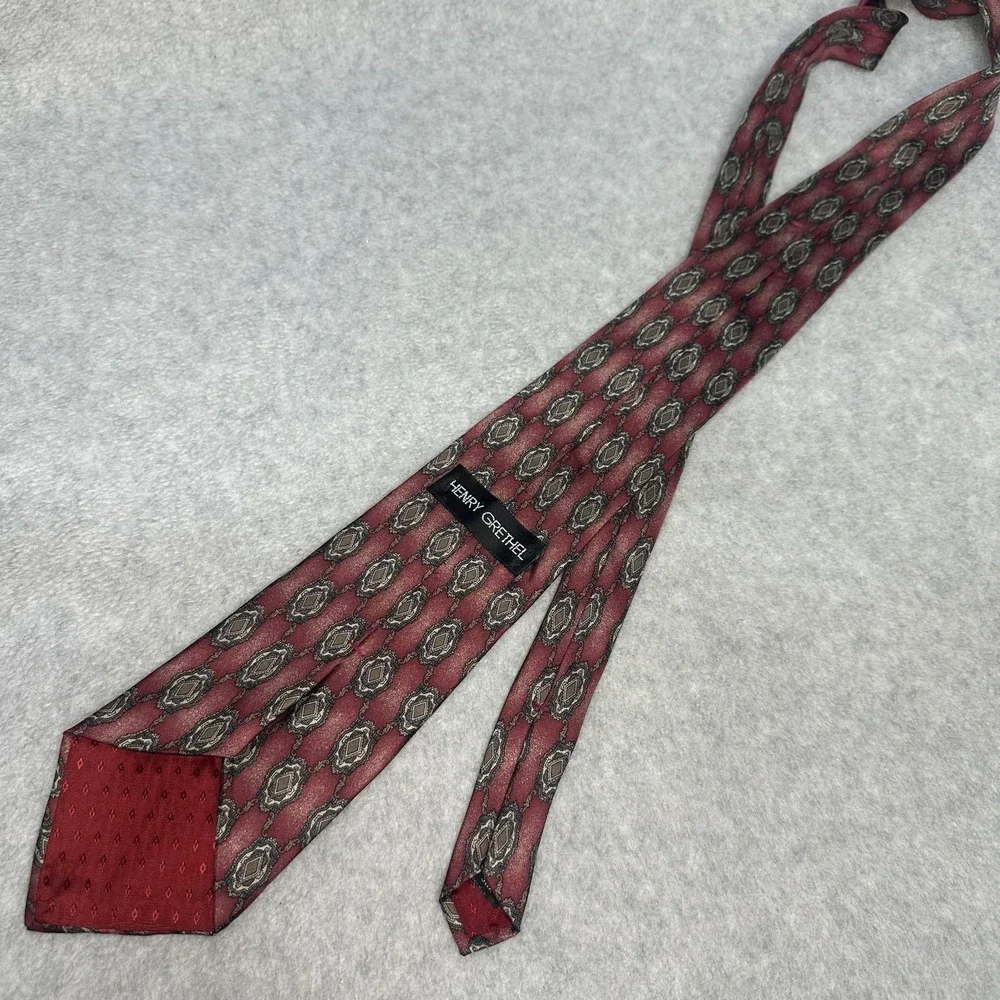 Henry Grethel Tie Mens One‎ Size Burgundy Silk Geometric Medallion Made in USA